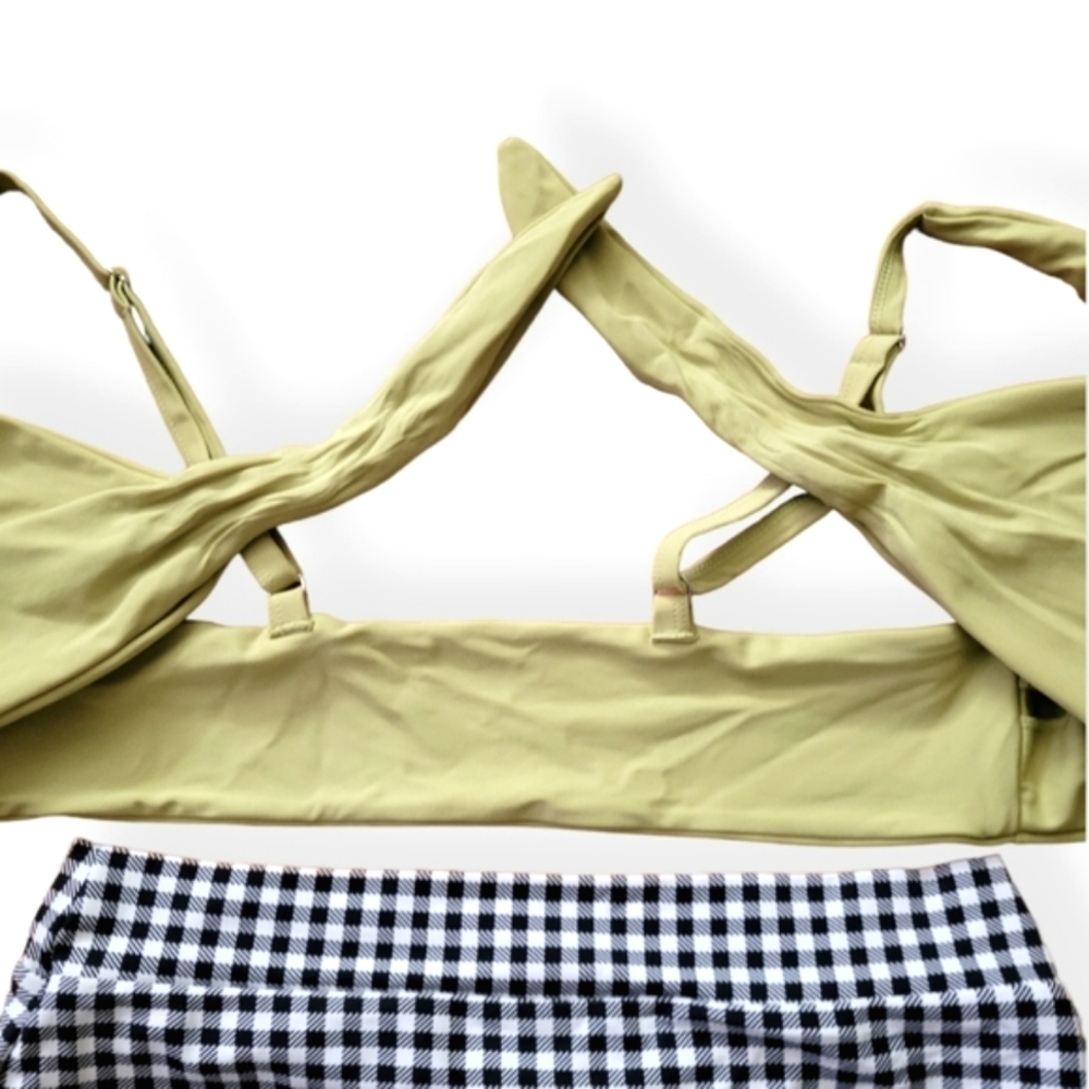 ZAFUL Mix & Match Gingham Plaid High Waist Tie Front Bikini Black & Green - Picture 3 of 10